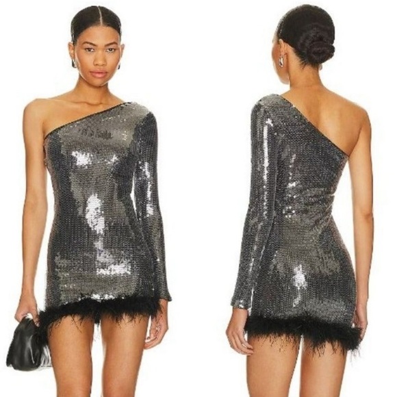 Superdown Revolve Sequin Cecilia One Shoulder Mini Dress Silver Black Size S - Picture 1 of 13